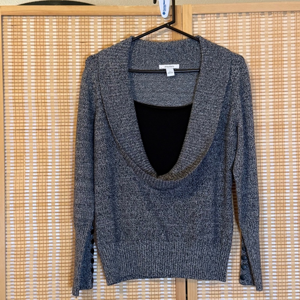 Dressbarn Womens Gray Marled Cowl Neck Layered Look Sweater Button Cuff Large